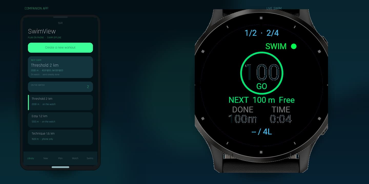 SwimView Planner on the phone next to the live Garmin swim screen